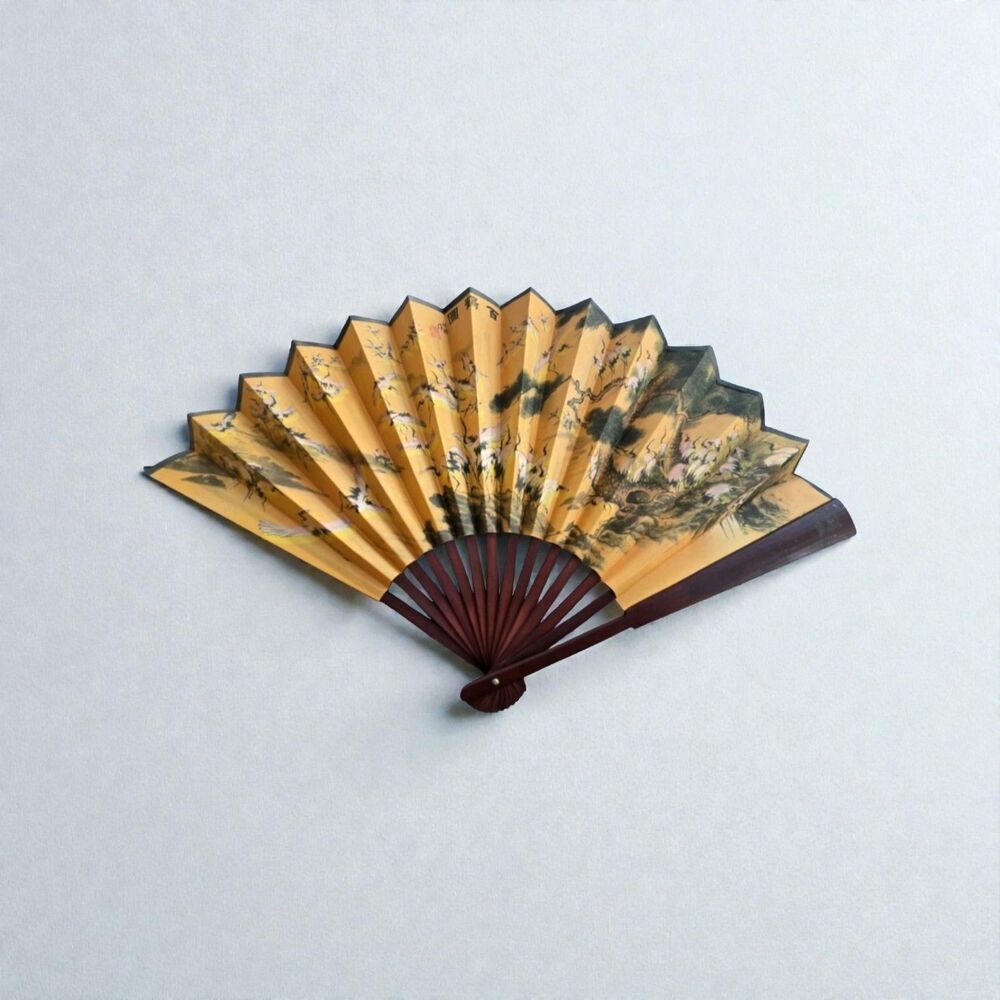 Vintage Chinese hand Panted folding fan cranes calligraphy scholar art wood ribs